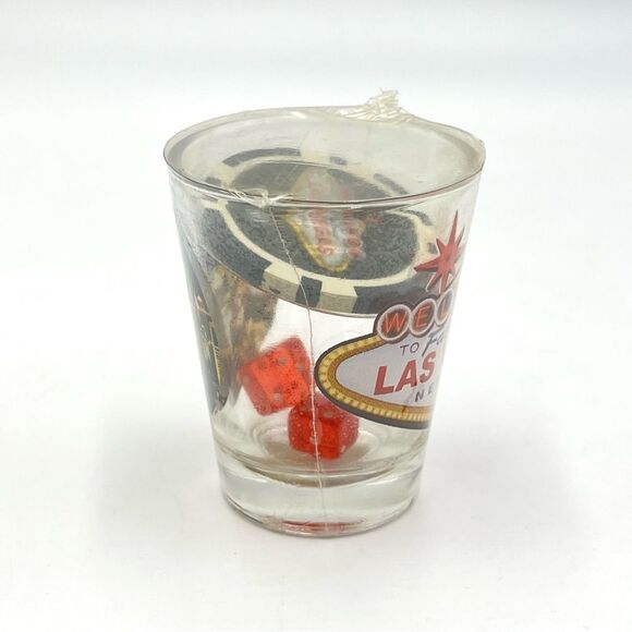 Las Vegas Shot Glass Welcome & Come Back‎ Soon Souvenir Poker Chip & Red Dice - Picture 4 of 7